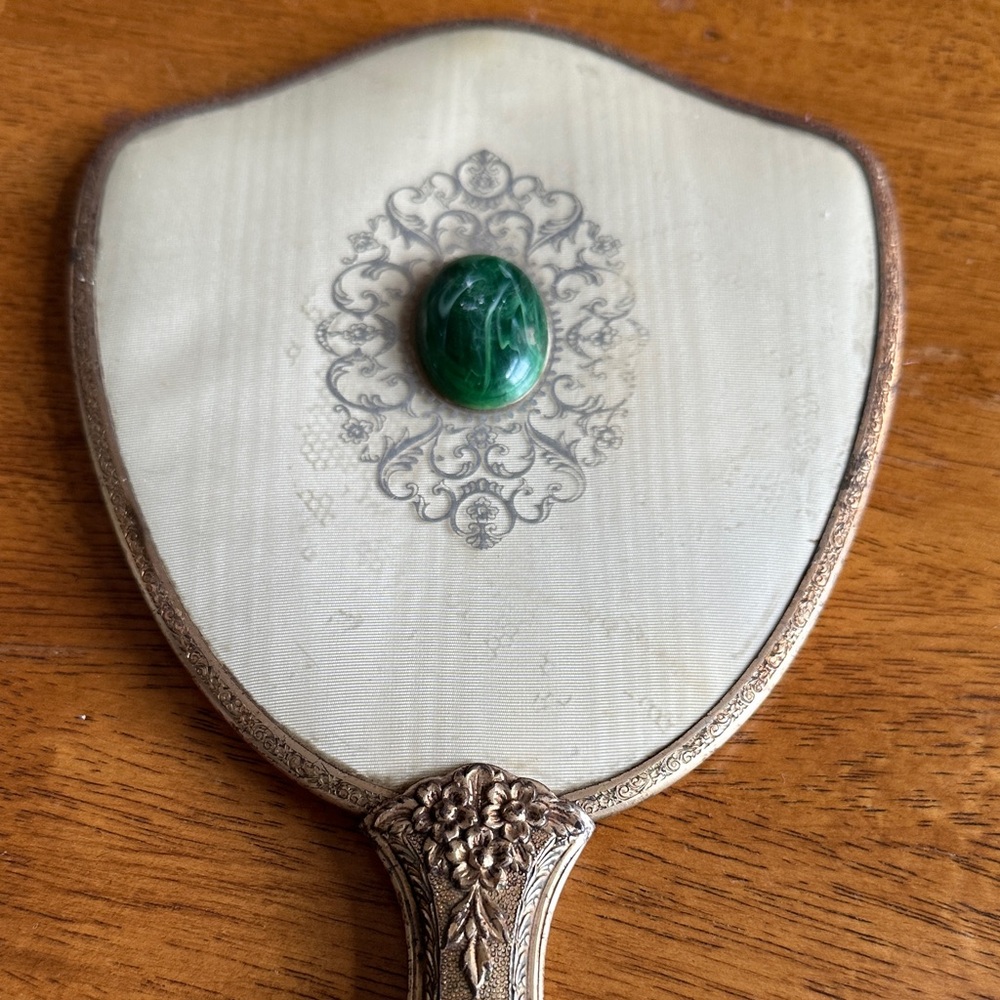 Vintage Handheld Mirror with Green Stone